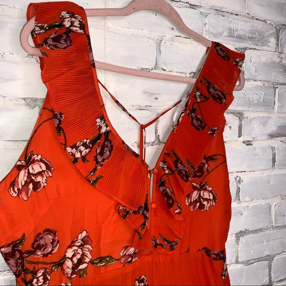 LULUS | Loved By You Red Orange Floral Print Long Pleated Chiffon Maxi Dress - Picture 10 of 13